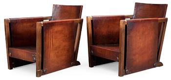 A pair of Axel Einar Hjorth brown leather 'Funkis' armchairs, Nordiska Kompaniet, Sweden ca 1930.