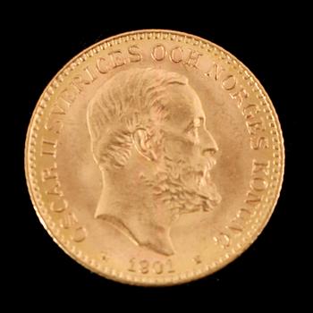 GULDMYNT, 10 kronor, Oscar II, 1901.  Vikt ca 5 gram.
