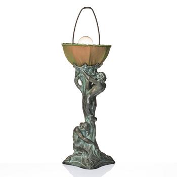 Alice Nordin, an Art Nouveau patinated bronze table lamp "Night and Morning", Herman Bergman's foundry, Stockholm, early 1900s.