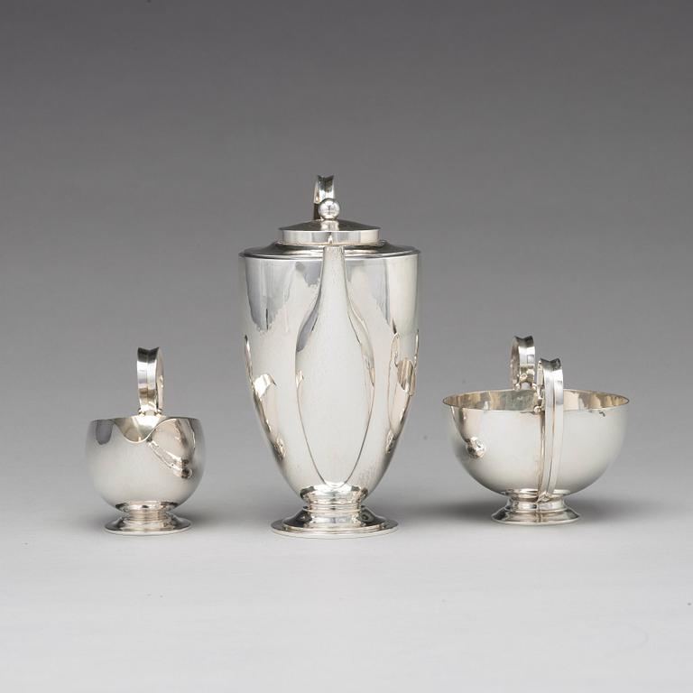 Johan Rohde, a set of three pieces of sterling coffee service, Georg Jensen, Copenhagen 1933-44, design nr 321 and 321A.