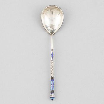 A Russian silver and enamel spoon, Moscow, 1908-26.