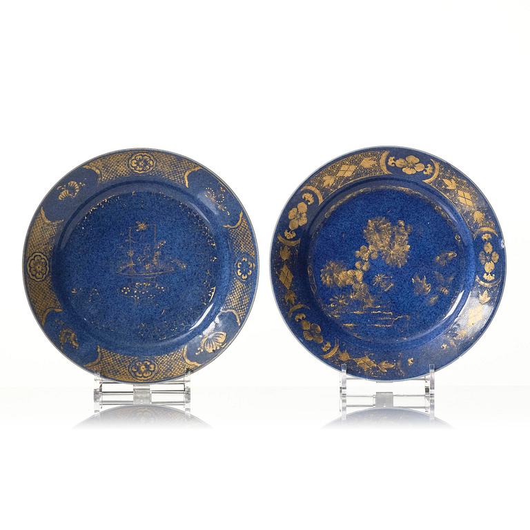 A powder blue basin and three plates, Qing dynasty, Qianlong (1736-95).