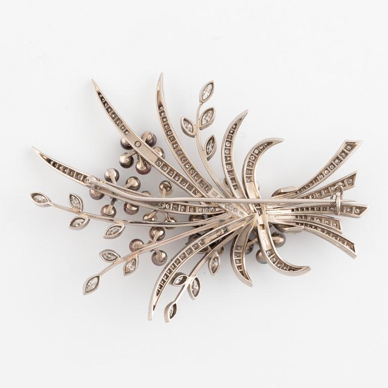 Strömdahls, white gold, pearl and diamond flower brooch.