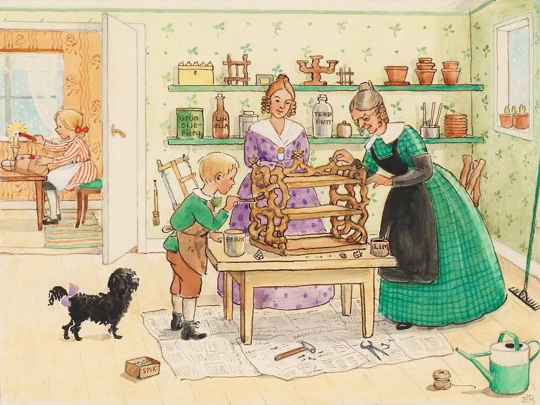 Elsa Beskow, Tant Grön och Petter tillverkar en bokhylla i julklapp åt Farbror Blå.