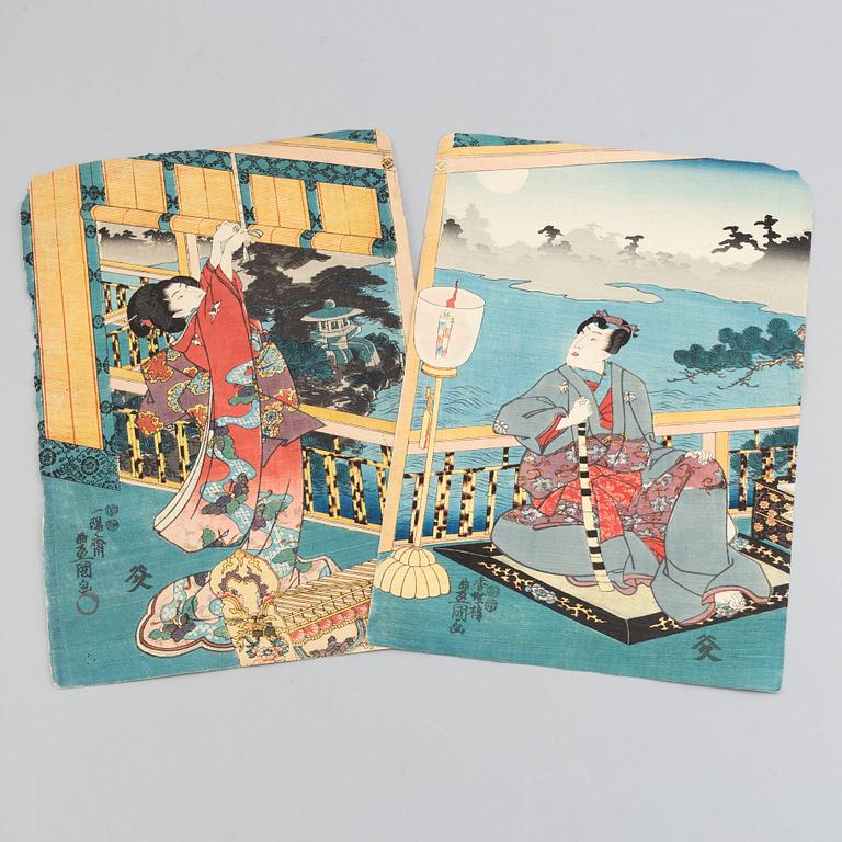 Utagawa Kunisada, färgträsnitt, 2 st, Japan, 1800-tal.