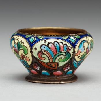 A Russian 19th century silver-gilt and enamel salt, makers mark of the 6th Artel, Moscow.