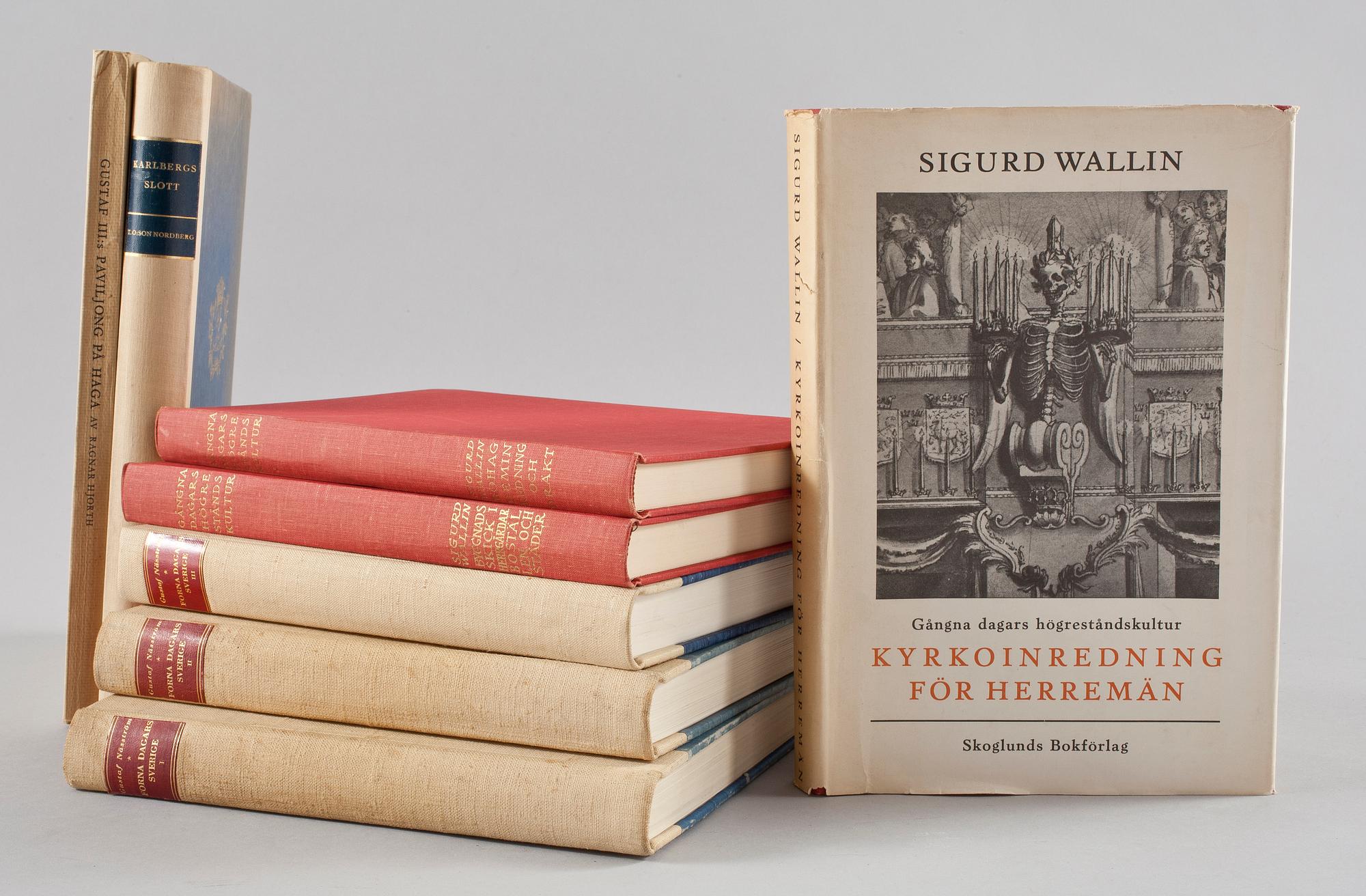 PARTI BÖCKER, 8 st, konsthistoria och arkitektur, bla "Gångna dagars högreståndskultur" av Sigurd Wallin.