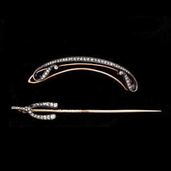 KRÅSNÅL samt HÅRSPÄNNE, silver och guld med rosenslipade diamanter, 1800-tal. Total vikt ca 7 g.