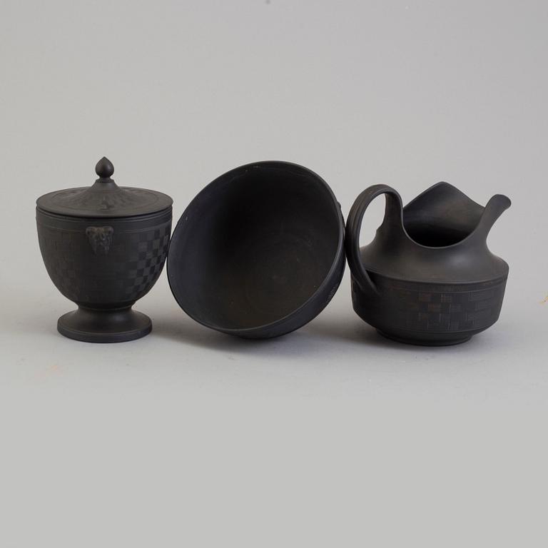 AN ENGLISH BASALT JUG, LIDDED BOWL AND BOWL, first half of the 19th century.