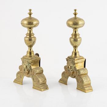 A pair of brass andirons, 20th century.