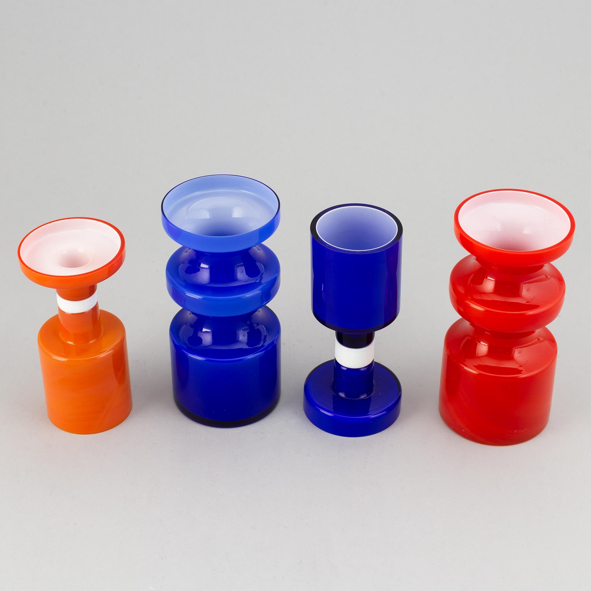 PO Ström, a set of four glass vases by Alsterfors Glassworks, three signed.