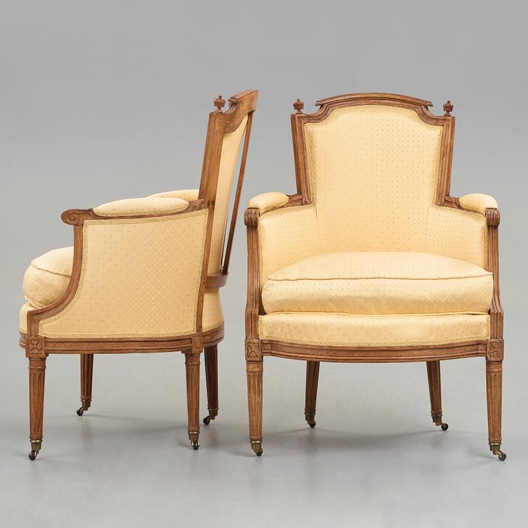 A pair of Louis XVI late 18th century bergeres by Claude Lerat (master in Paris 1785).