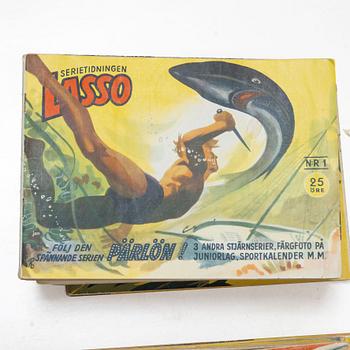 Comic books and fairy tales, a collection including "Lasso", "Biffen & Bananen" and Alga's children's books.
