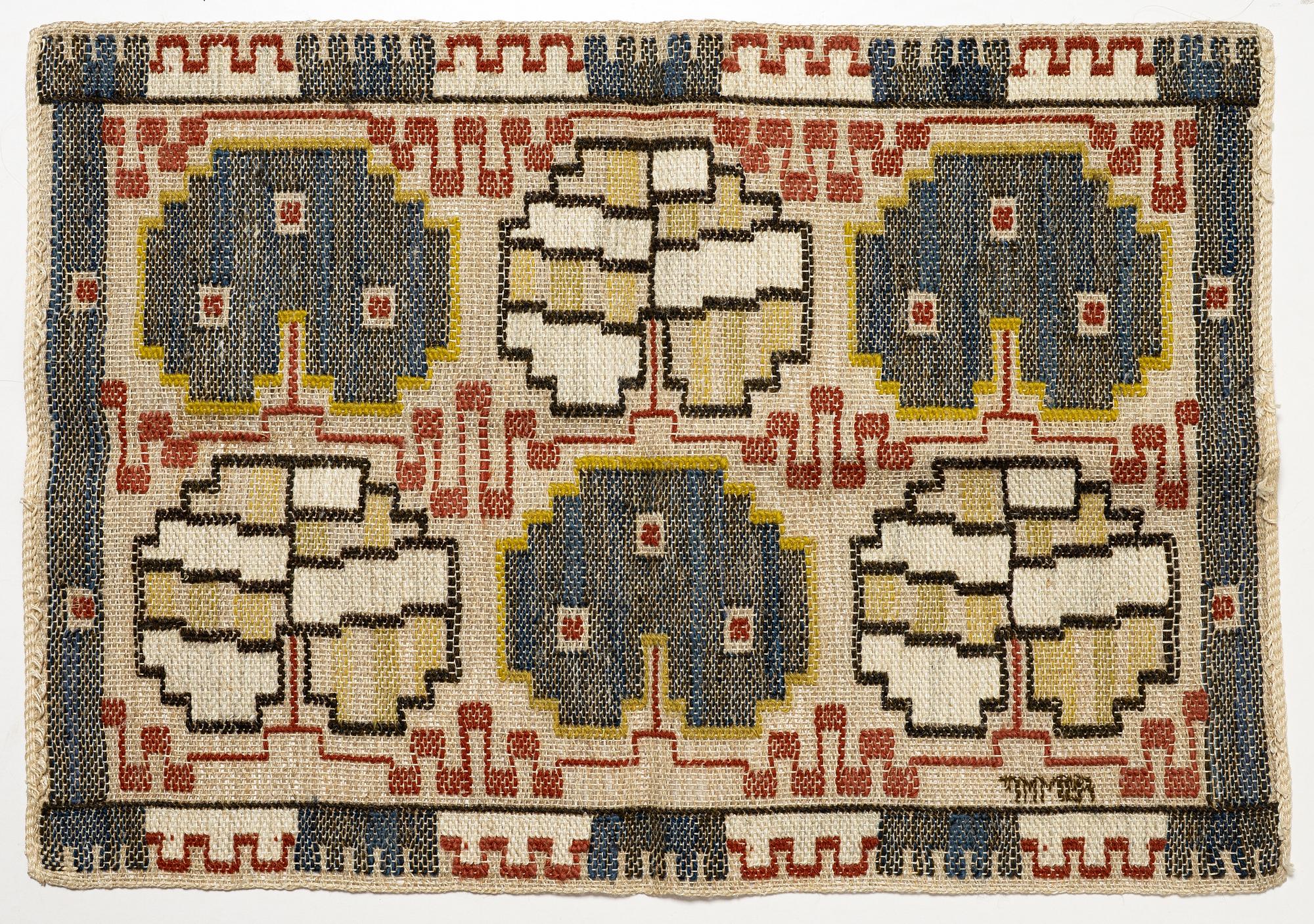 Märta Måås-Fjetterström, 'Grodblad blå', hooked rug on linen foundation, signed AB MMF, c. 41 x 59.5 cm.