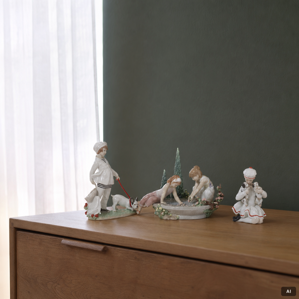 Lladró, three figurines,"Girl with French bulldog", "Girl with Dalmatians" and "Petals in the pond", Spain.