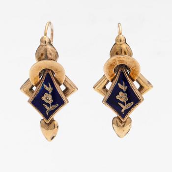 A pair of 11K gold earrings with enamel.