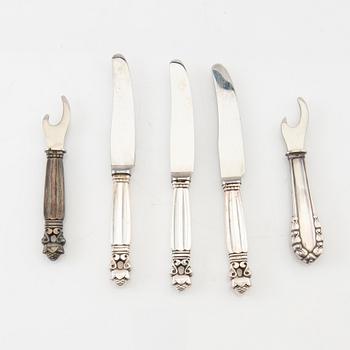 Johan Rohde, knivar 23 st + kapsylöppnare sterlingsilver  "Konge/Acorn" för Georg Jensen Danmark 1900-talets första hälft.