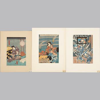 Utagawa Kunisada, 'The Chaste Wife', 'December' and 'Seated actor with sword'.