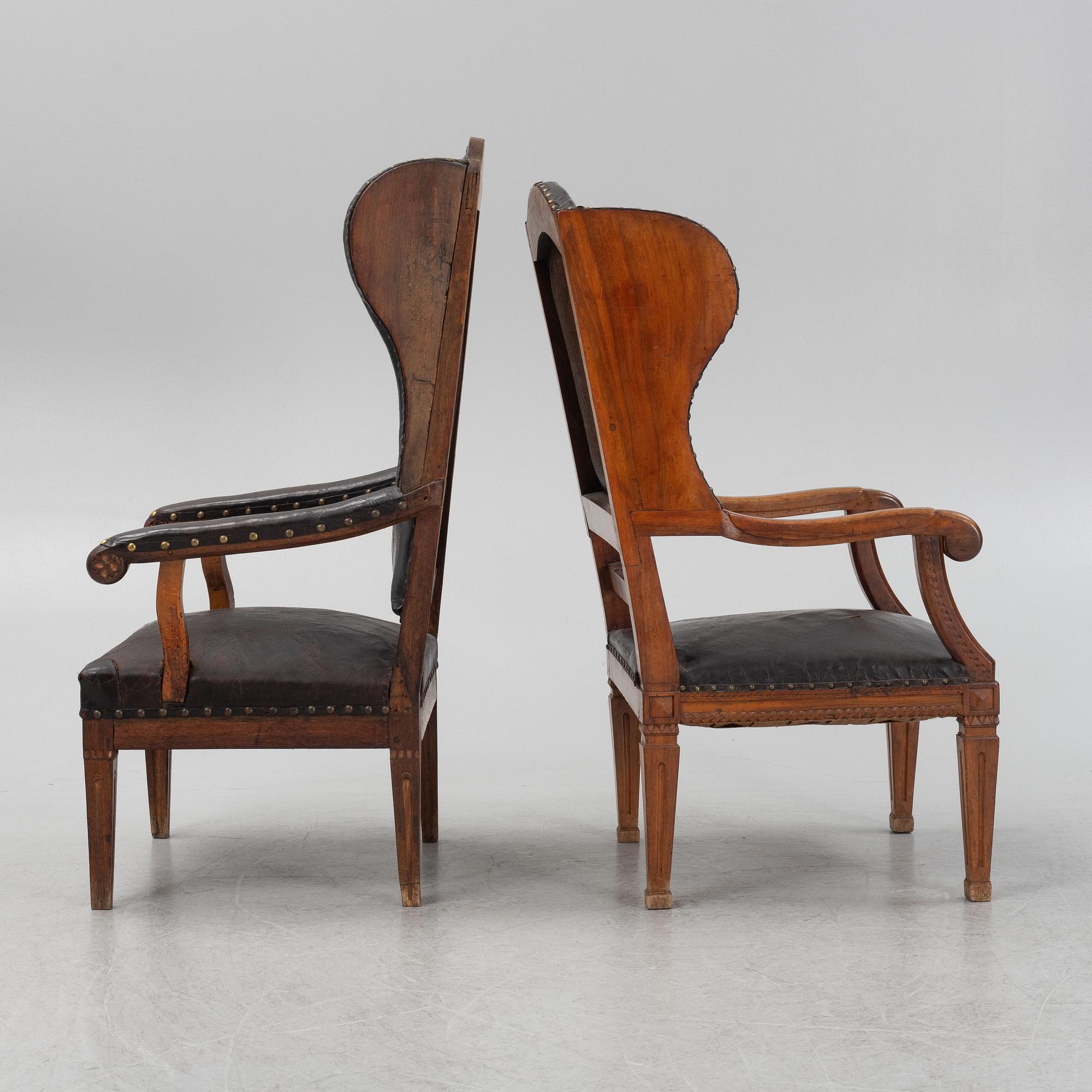 Two similar wing-back chairs, Northern Europe, late 18th century.