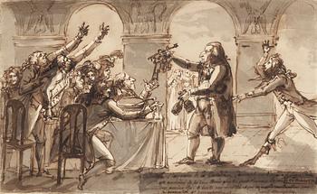 355. Johan Tobias Sergel, Gallodier give out keys to the cellar to the thirsty guests.