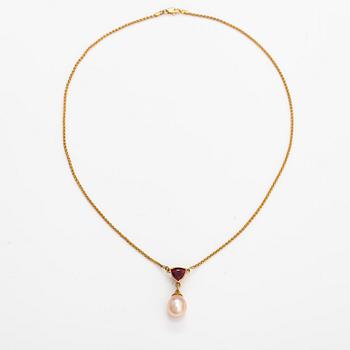 Halsband, 14K guld, turmalin och odlad pärla.
