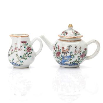 A Chinese famille rose porcelain teapot with cover and milk jug, Qing dynasty, Qianlong (1736–95).