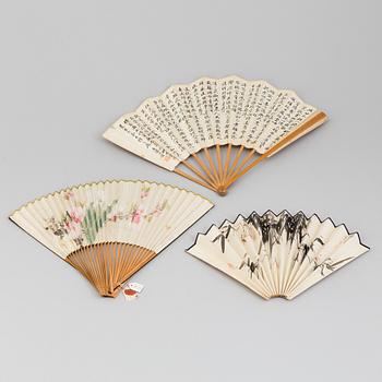 Three chinese fan leaf paintings, 20th century.