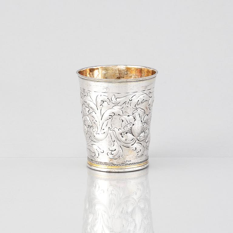 A Swedish baroque parcel gilt silver beaker, mark of Joran Hieronymi Bernegau, Norrköping (1648-1679).