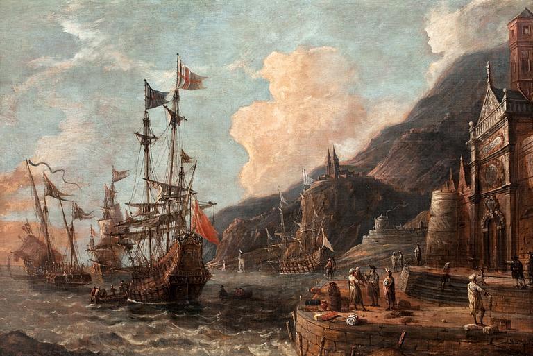 Abraham Storck Hans krets, Hamnbild med båtar på redden och köpmän på kaj.