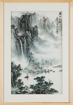 A painting by Yuan Fa Wang, 'The shade of sail on the spring river' (chunjiang fanying), signed.
