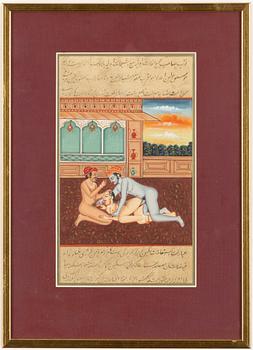 Unidentified artist, Interiors with erotic scenes, India, 20th century. Three pieces.