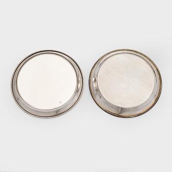 A set of twelve silver coasters and cocktail sticks 11 pcs,  Suomen Kultaseppä Oy 1935 and Kultakeskus 1983.