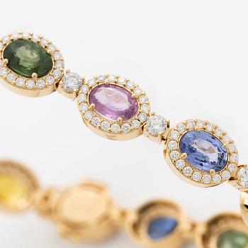 Bracelet 18K gold with oval multi-coloured sapphires and round brilliant-cut diamonds.