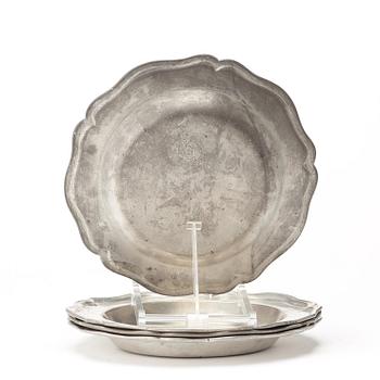 Four Swedish Rococo 18th century pewter plates.