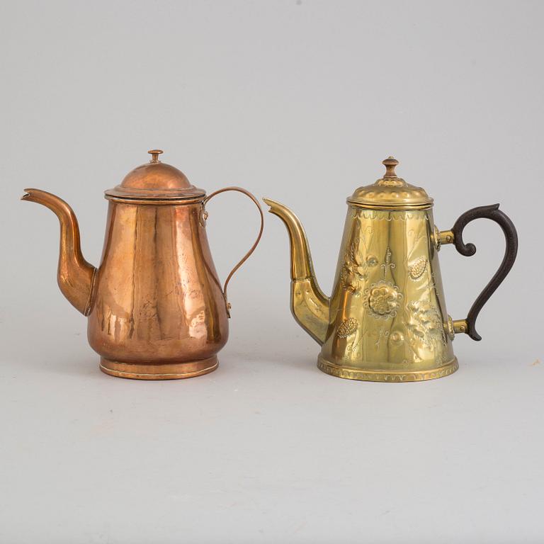 TWO COFFEE POTS, brass and copper, 19th century.