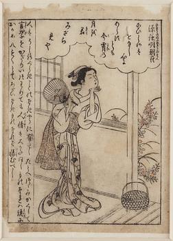 SUZUKI HARUNOBU (1725-1770), träsnitt ur bok. Japan, 1700-tal.