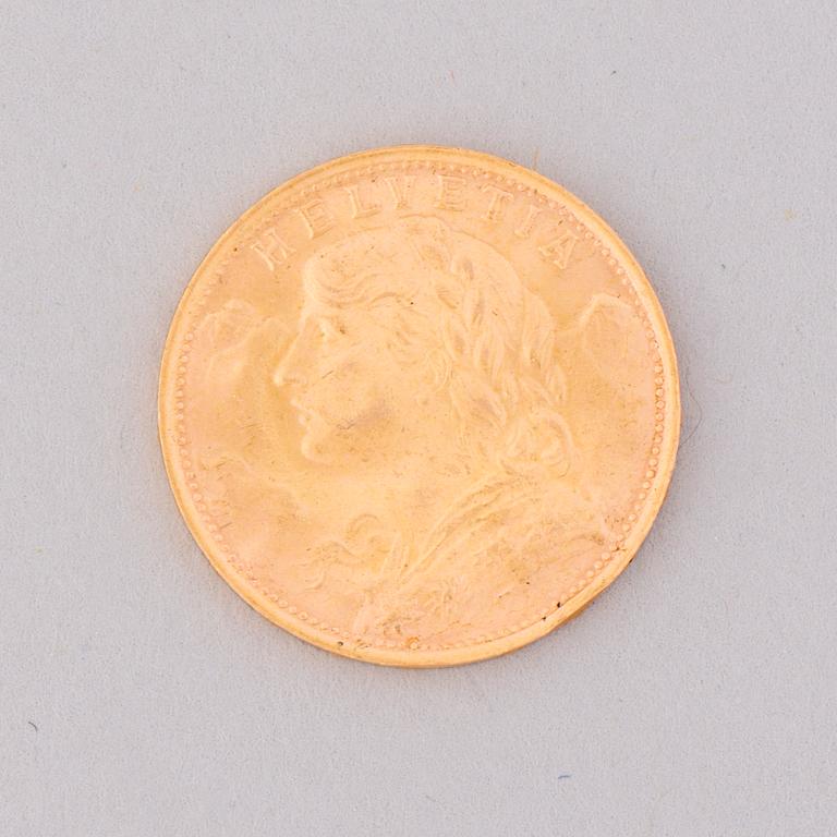 KULTARAHA, 20 fr, Schweiz 1935. Paino noin 6,4 g.