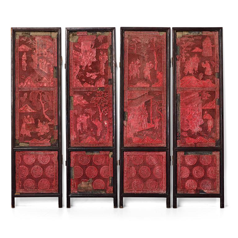 A four panel lacquer screen, Qing dynasty, 19th Century.