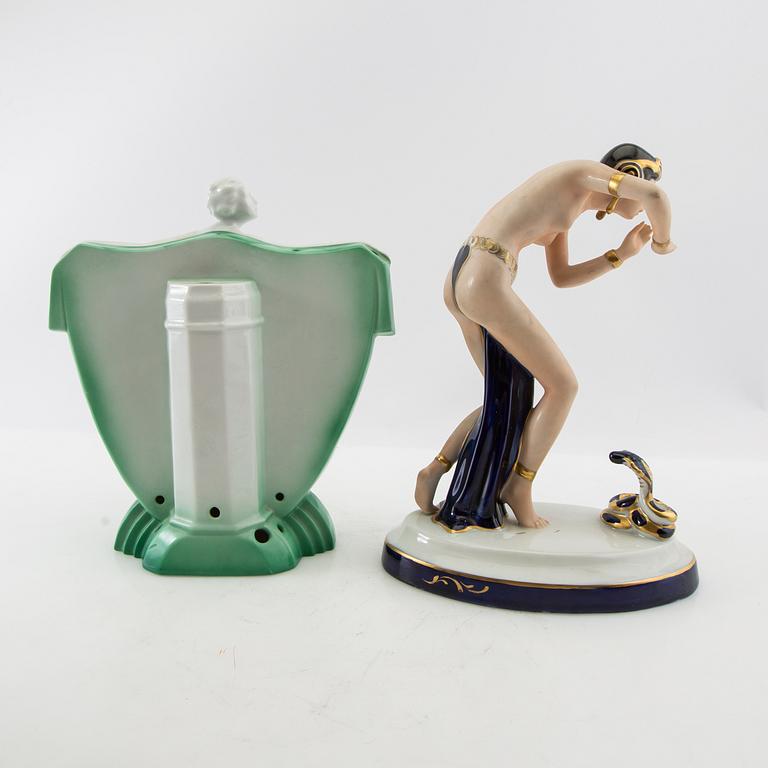 Figurines 4 pcs including Royal Dux and Wallendorf Germany mid-20th century porcelain.