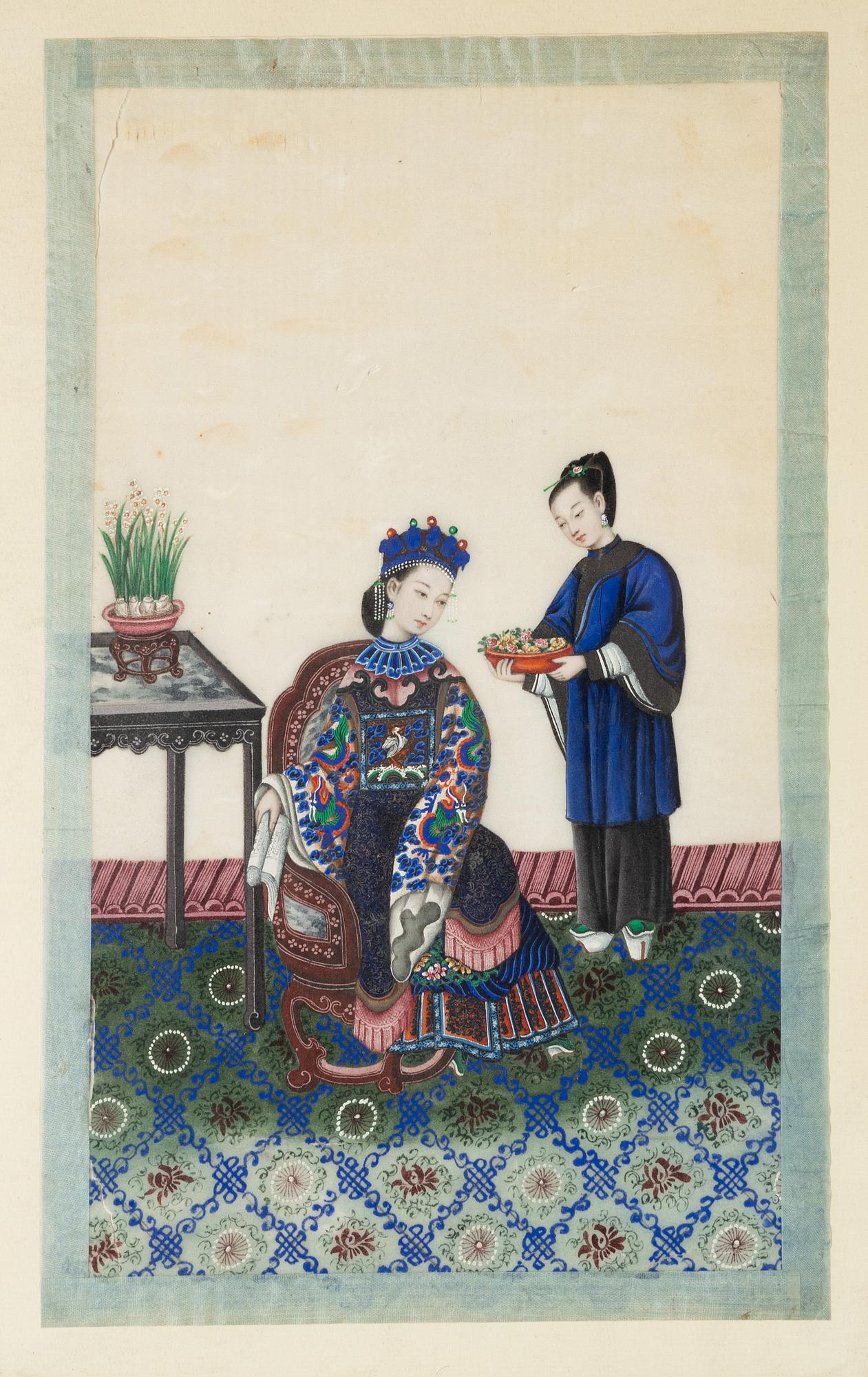 A pair of Chinese gouache paintings on ricepaper, Qing dynasty, 19th century.