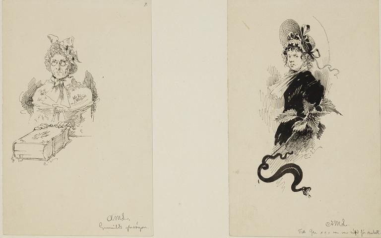 Carl Larsson, 6 drawings, signed C.L, Indian ink and hightening white mounted on cardboard.