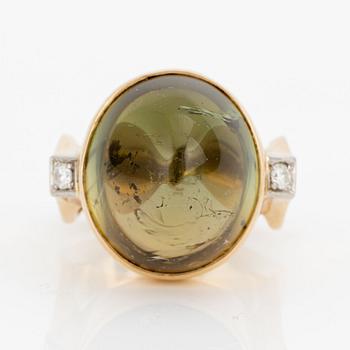 Ring, Hans Scherlund, 18K gold with cabochon-cut tourmaline and brilliant-cut diamonds.