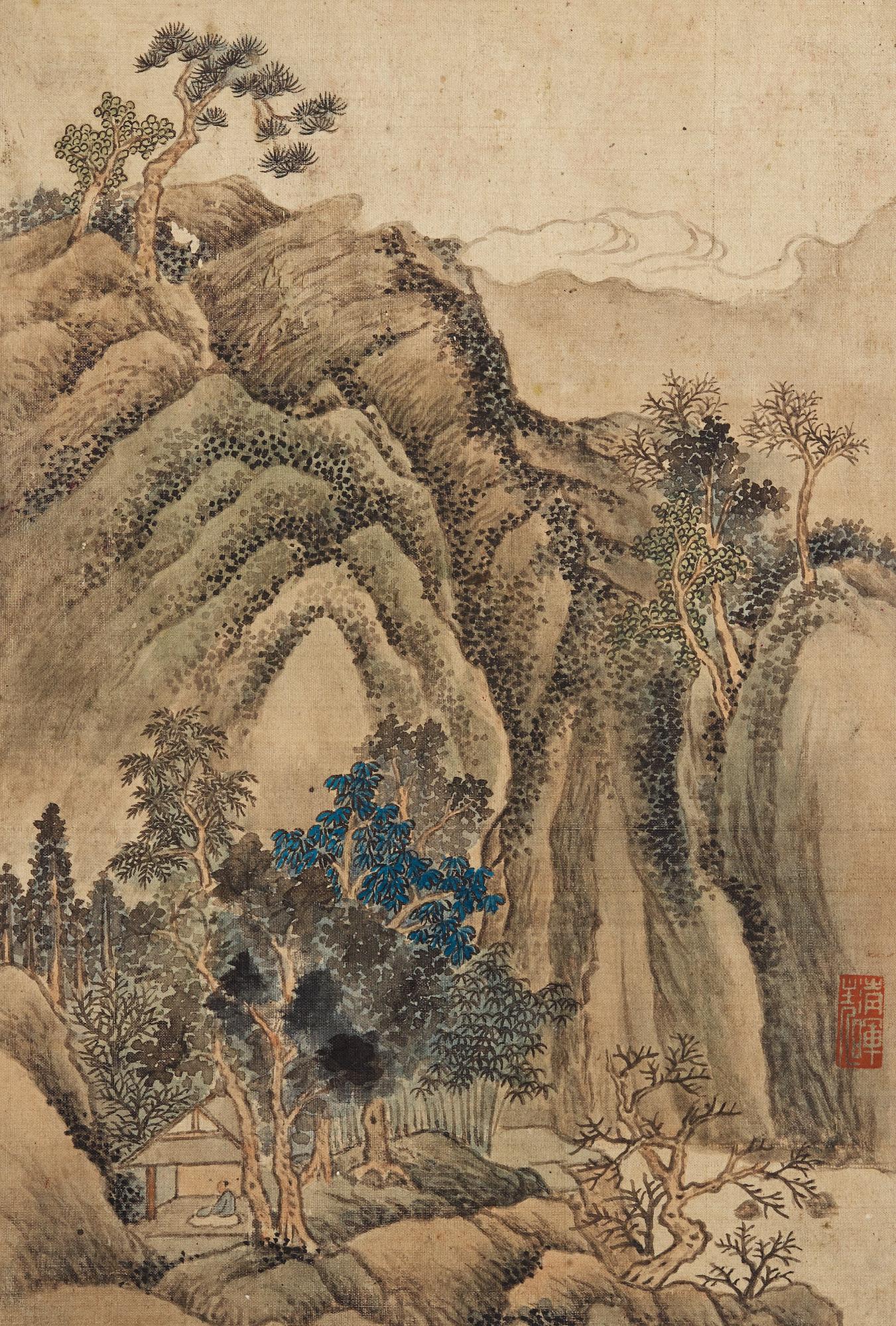 ALBUM, med 12 landskapsmålningar i Wang Huis (1632-1717) stil, Qingdynastin, 1800-tal.