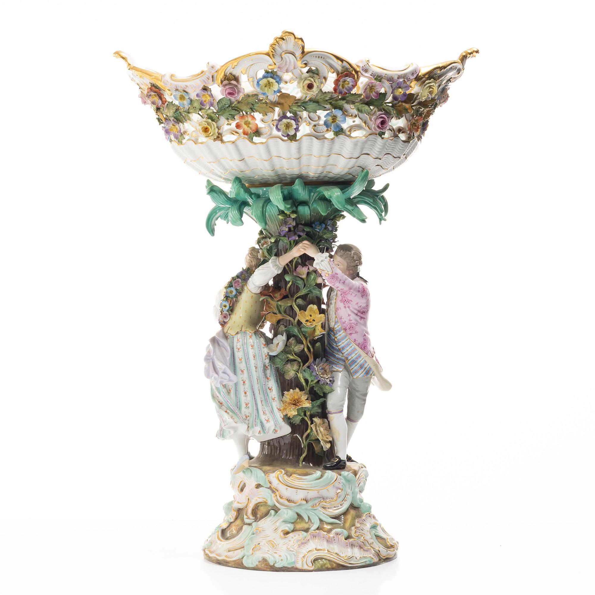 Meissen, A large polychrome reticulated porcelain basket on a pedestal with dancing figures, 19th century.