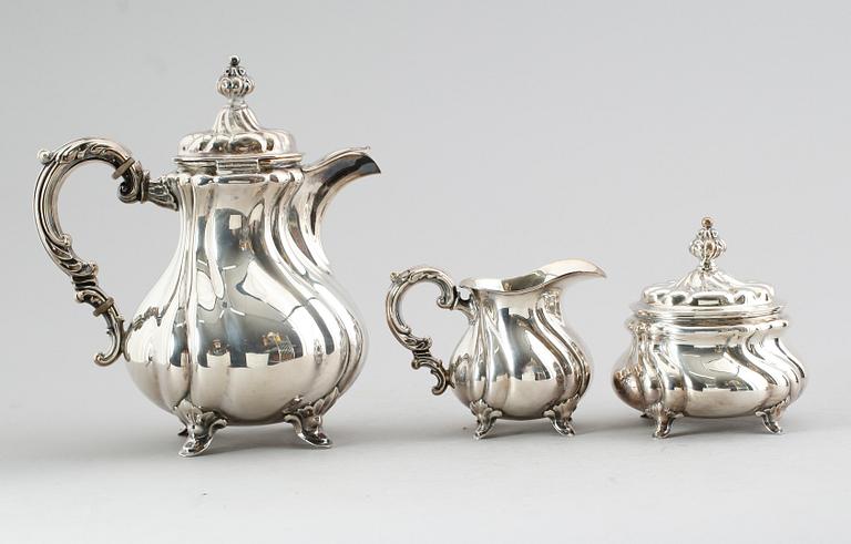 KAFFESERVIS, 3 delar, silver, Tyskland, svenska importstämplar. Vikt ca 1115 gram.