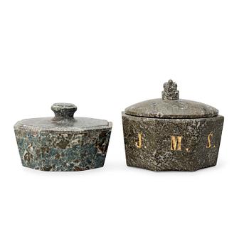 1310. Two Swedish 19th century green marble butter boxes.