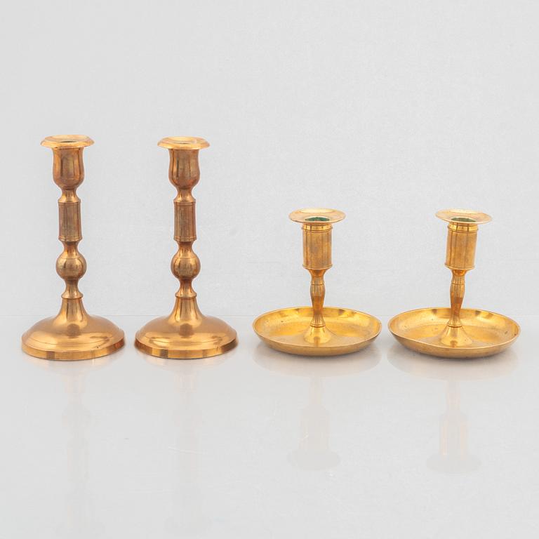 Candle holders, 2+2 pcs, brass, of which one no. 48 Skultuna, 19th century.