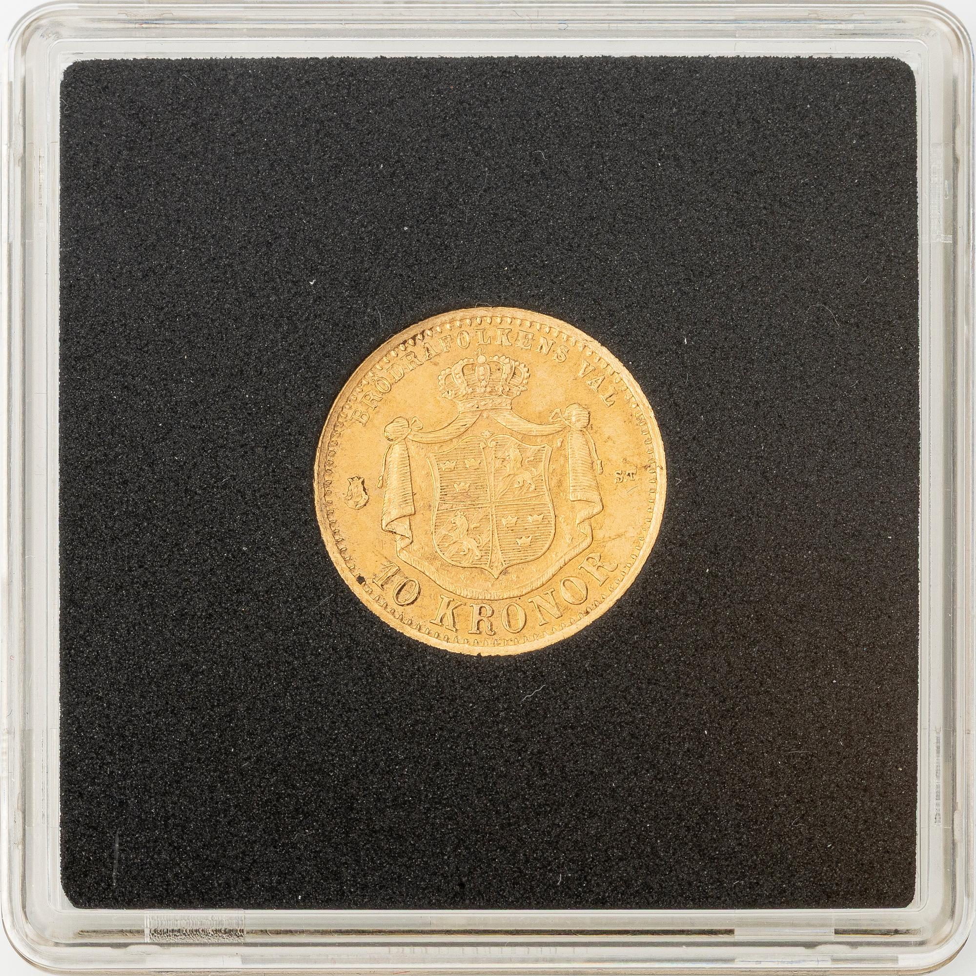 Gold coin, Oscar II, 10 kronor, type I, Sweden 1876.