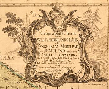 Johan Törnsten, map of middle Norrland Sweden, hand colored copper engraving, Stockholm 1771.