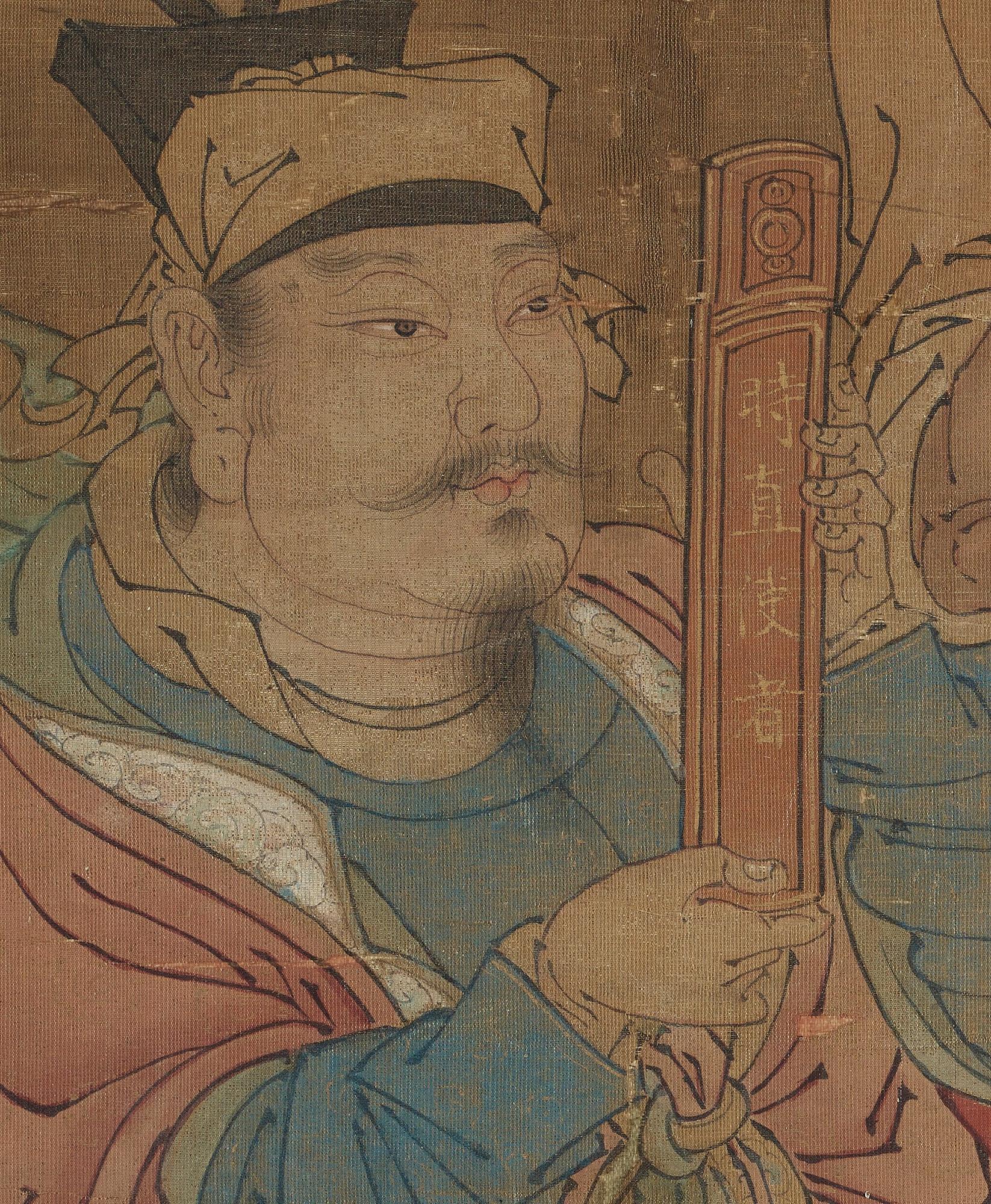 A fine daoist painting of gods holding written spells,  attendants and horsemen, Ming dynasty, 17th century.